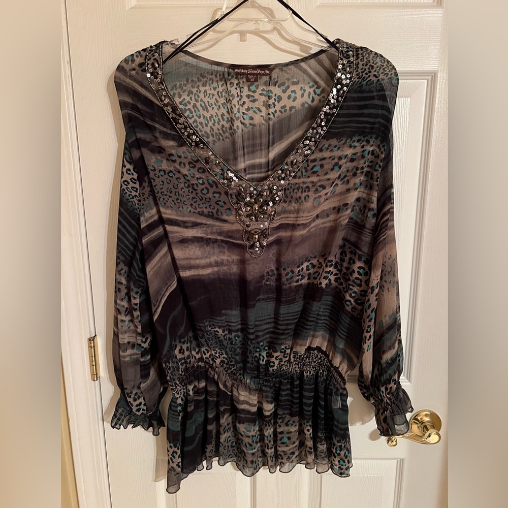 Chic Animal Print Embellished Blouse